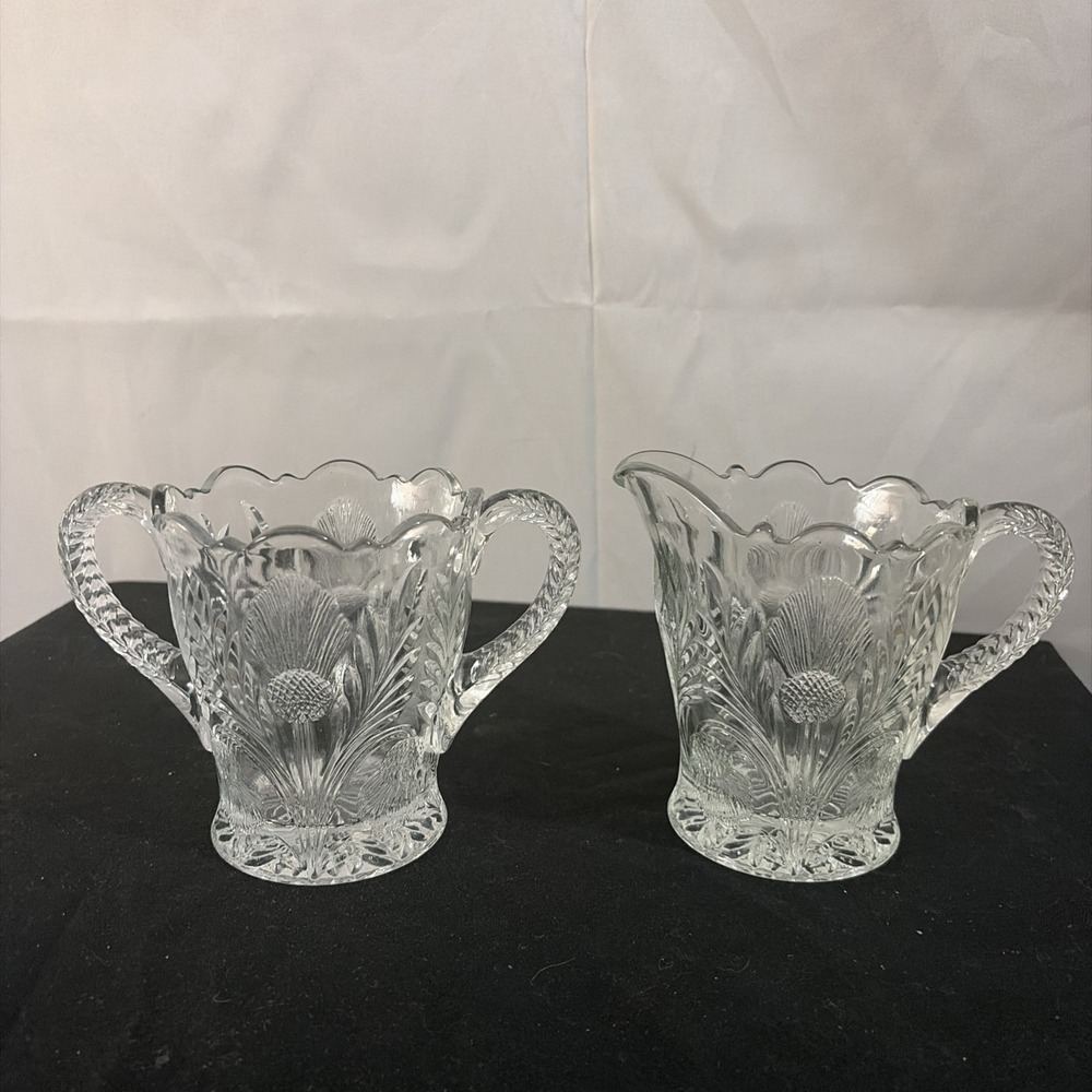 Mosser‎ Glass Clear Inverted Thistle Creamer and Open Sugar Bowl Set Marked "M"